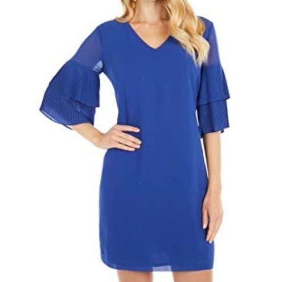 New Sam Edelman Pleat Sleeve Shift Dress Blue Cobalt V Neck Career Office Sz 10 - Picture 1 of 10